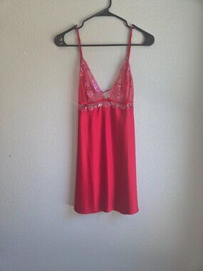 Victoria’s Secret Satin Lace Babydoll Chemise Nightgown Red Pink Womens M